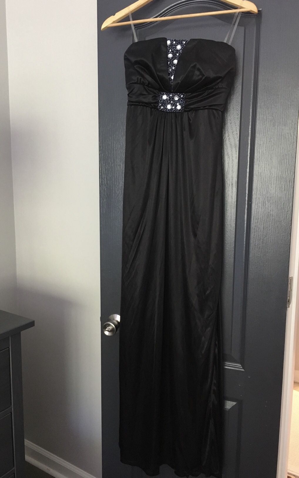 Black satin rhinestone strapless dress, prom, dance, special occasion- size S