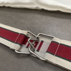 Gucci Cream Red Fabric Logo Stripe Elastic Belt