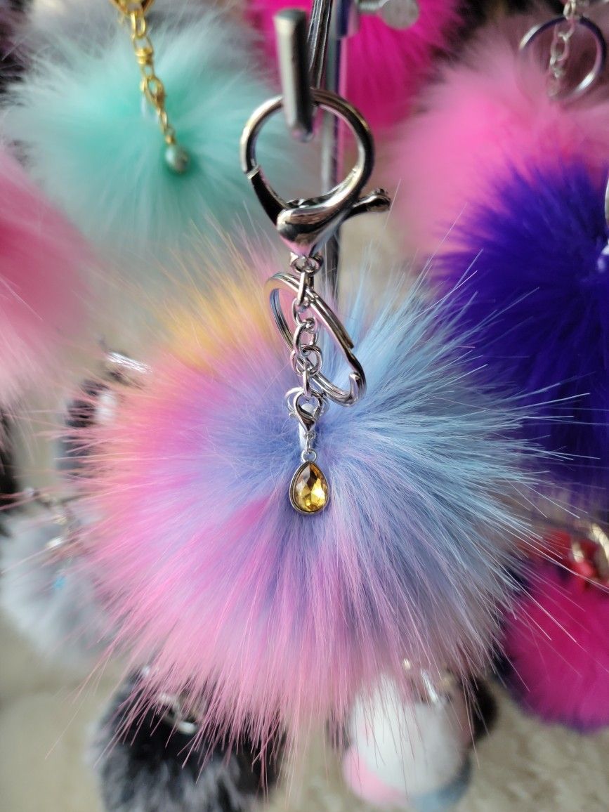 Yellow/Pink/Blue 5" Pom Pom Keychain 7" Long