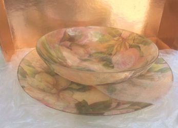 Collectible Japanese Floral Hand Crafted Decorative Plate & Bowl Set- Pink & Green Color Theme- Mother’s Day Gift Idea