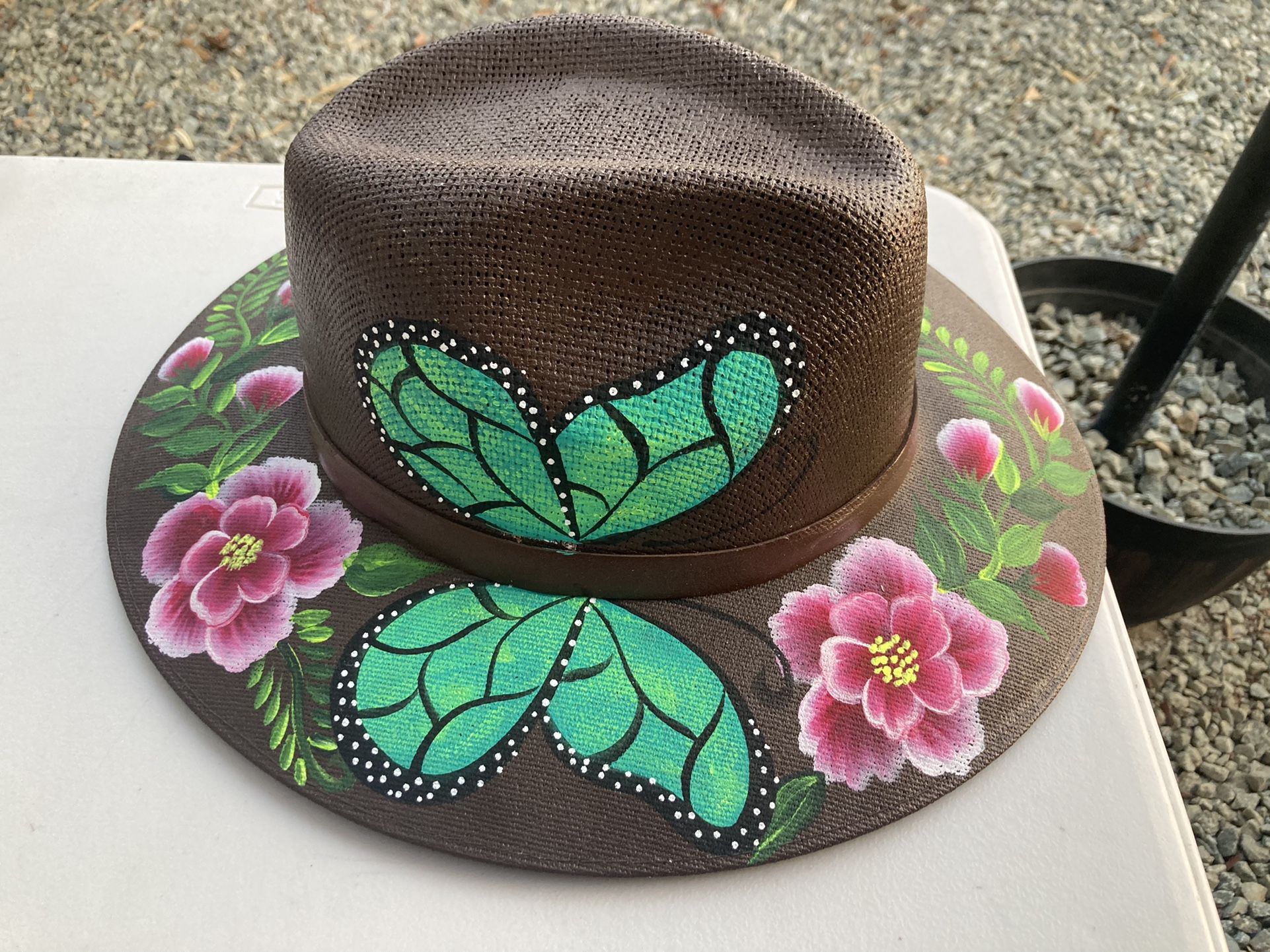 Dark brown turquoise butterfly flower sombrero hat
