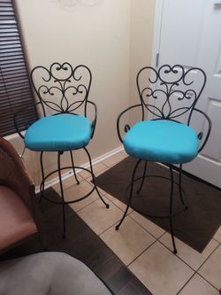 Wrought Iron Swivel Bar Stools with Teal Cushions – Set of 2