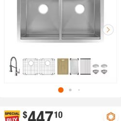 Glacier Bay
Professional Zero Radius 33 in Drop-In Double Bowl 16 G Stainless Steel Workstation Kitchen Sink with Spring Neck Faucet