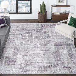 New Modern Abstract 10x14 Area Rug, Non-Slip Stain Resistant Washable Rug, Purple & Grey Large Rug for Living Room, Abstract Vintage Carpet