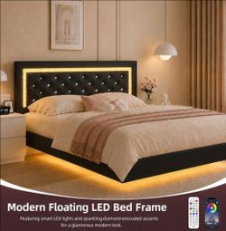 Queen Bed Frame, RGB LED Lights, Diamond Tufted Headboard, Black
Floating Full Bed Frame with RGB LED Lights, Diamond Tufted Headboard, Modern Upholst