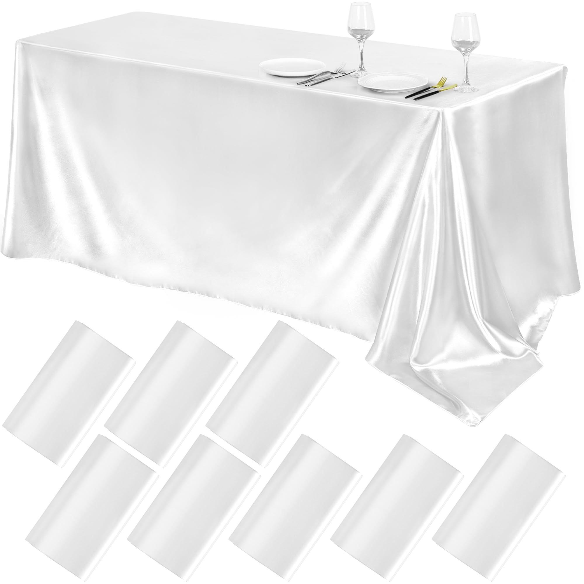 TURSTIN 8 Packs White Satin Tablecloth 102 X 58 Inch Overlay Satin Table Cover Rectangle Bright Silk Tablecloth Smooth Fabric Table Decoration For Wed