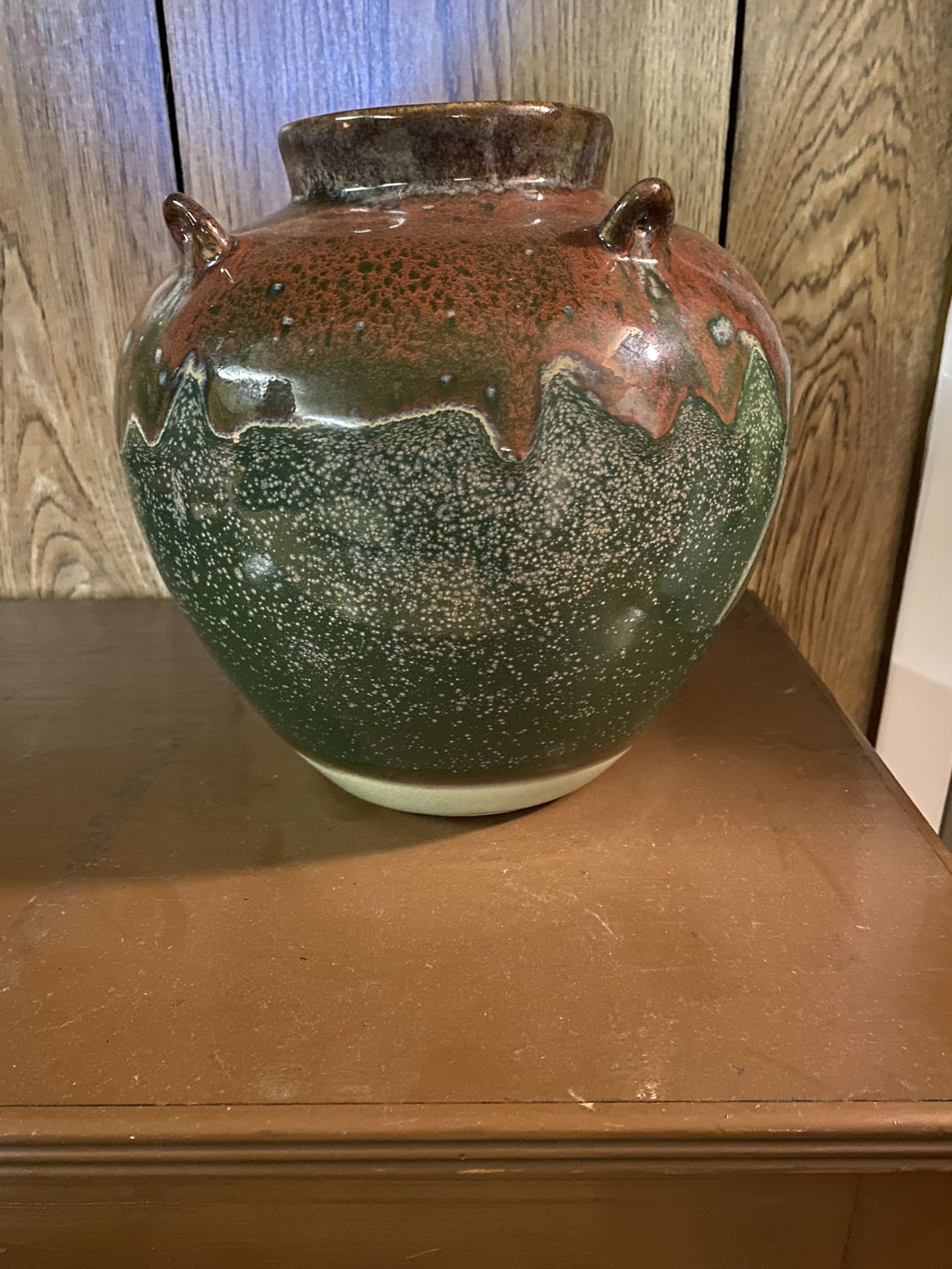 Vintage Pier 1 Large Red & Green Drip Glaze Pottery Vase w 4 Decorative Handles