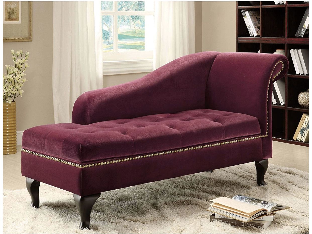 Modern button tufted storage chair ( violet ) . Modern with curved armes , combined with golden nailhead trim and a button tufted seat is a very nice