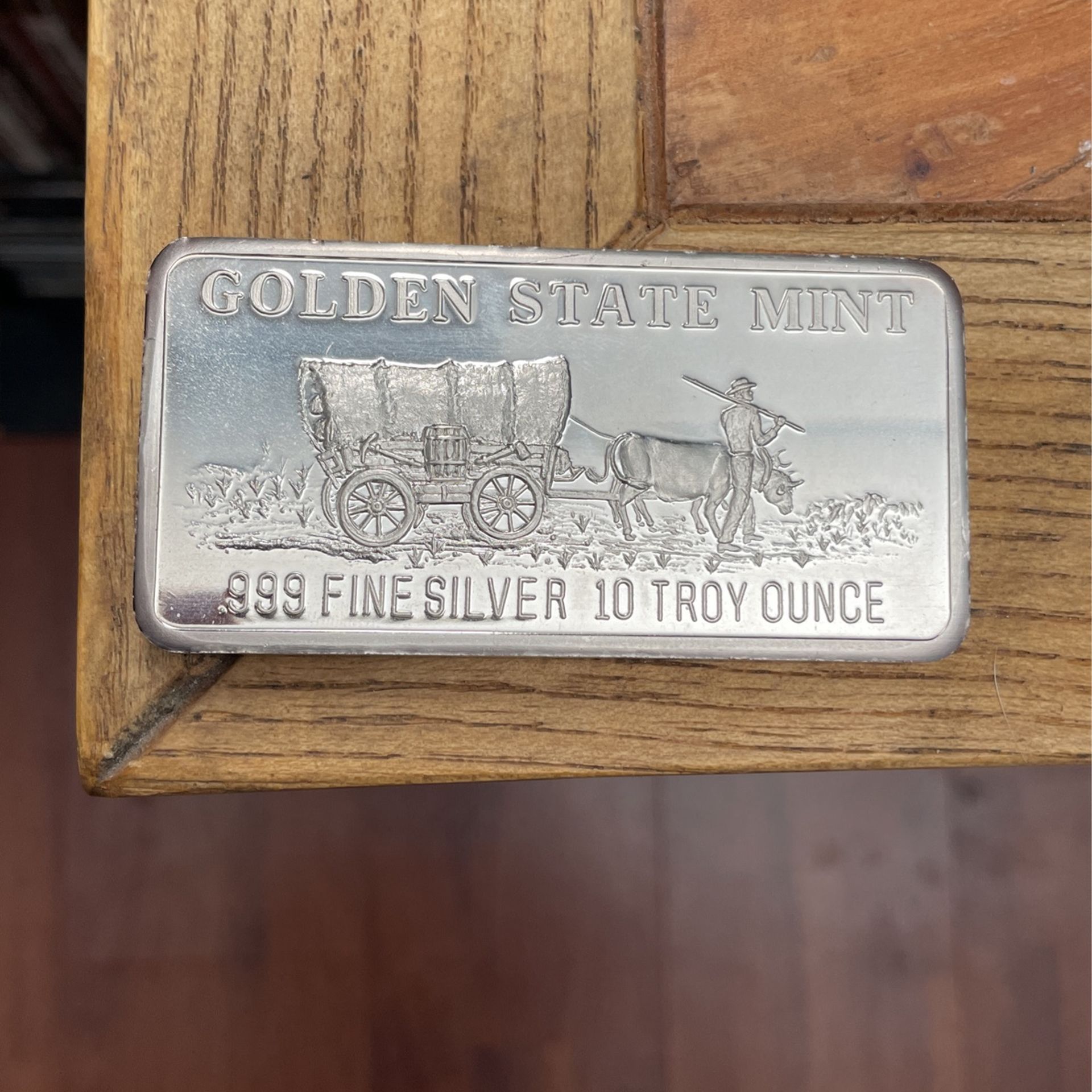 Vintage10oz Covered Wagon Silver Bar “Golden State Mint”