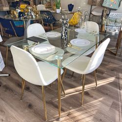White Gold Dining Table Set For 4 Glass Metal