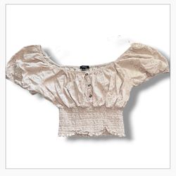 Ambiance Beige Eyelet Off-The-Shoulder Smocked Crop Top - Size L