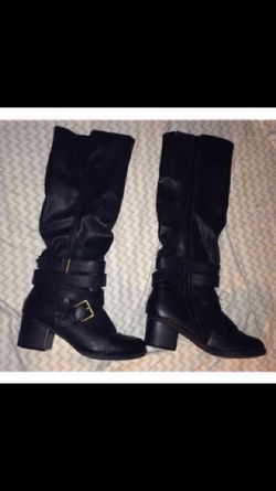 Black Knee High Heel Faux Leather Boots