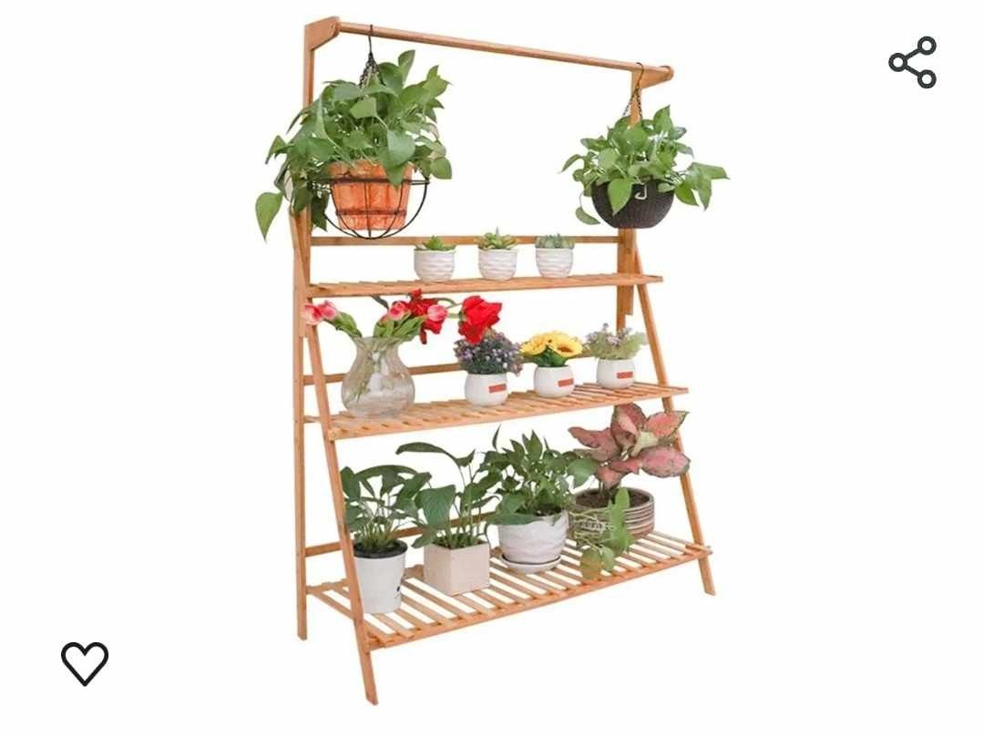 Bamboo Hanging Plant Stand: 3 Tier Ladder Flower Pot Display Shelves Rack Indoor Outdoor for Garden Hanging Baskets Succulent Planters