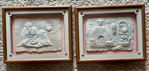 Set Of 2 Vintage 3D Embossed Paper Art Matted And Framed Glass Signed Priscilla