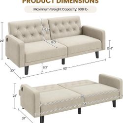 63" Convertible Couch Small Futon Sofa Bed with 2 USB Ports, Reclining Backrest & Removable Armrests, Mid Century Modern Loveseat 