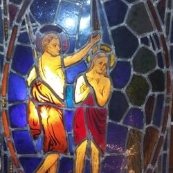 Rare Antique Church Baptism Of Jesus Christ Pewter Stained Glass Window 25"×45"