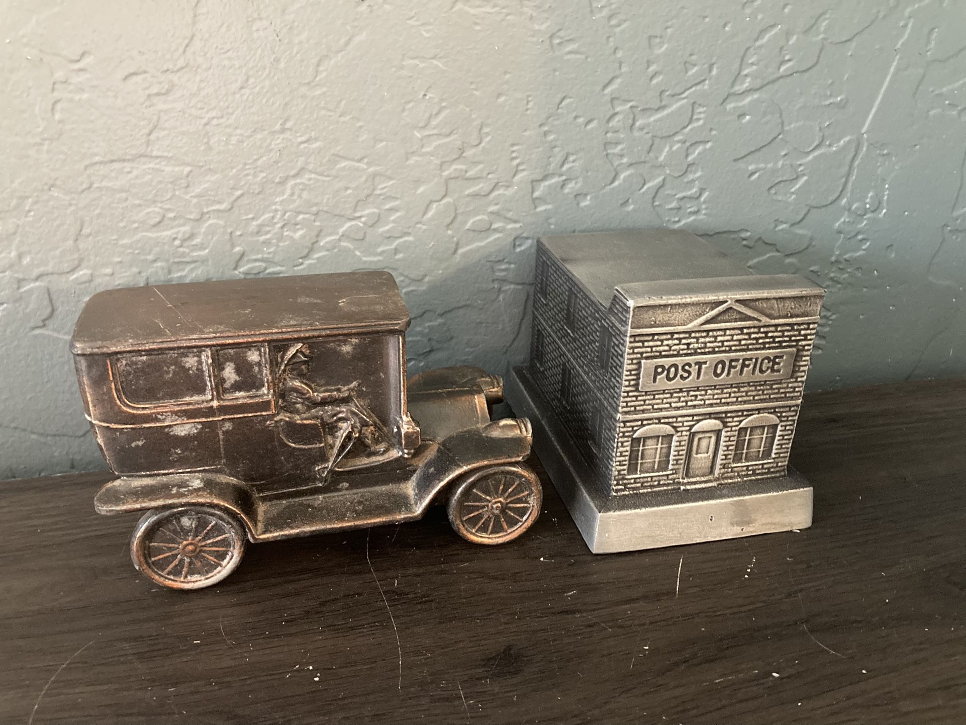 2 Vintage “BANTHRICO” Metal Banks. Antique Car and Post Office. Pre Owned.