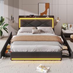 Full Bed Frame with RGB LED Lights Headboard & USB-C/A Charging Station, Modern Upholstered Platform Bed with Storage Drawers, Heavy Duty Steel Slats,