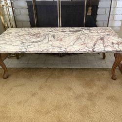 Solid Marble Coffee Table / Low Bench – Hand-Carved Wood Base (47”)