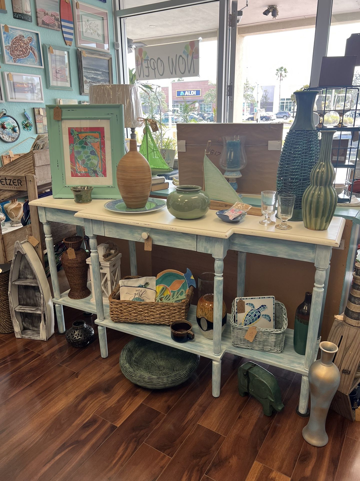 Coastal Chic Distressed Console Table or Entry Way Table Beautiful White and Blue Tones