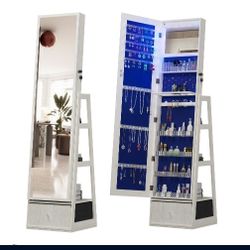 360°Swivel Jewelry Cabinet with Full Length Mirror, 360°Rotating Standing Jewelry Armoire Organizer, Lockable Storage Cabinet, Interior Lighted Mirror