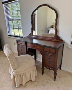 Vintage Wood Vanity  with Large Mirror  and Chair