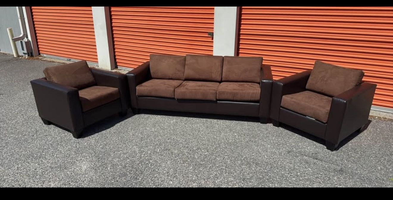 Brown Leather Sofa With 2 Chairs