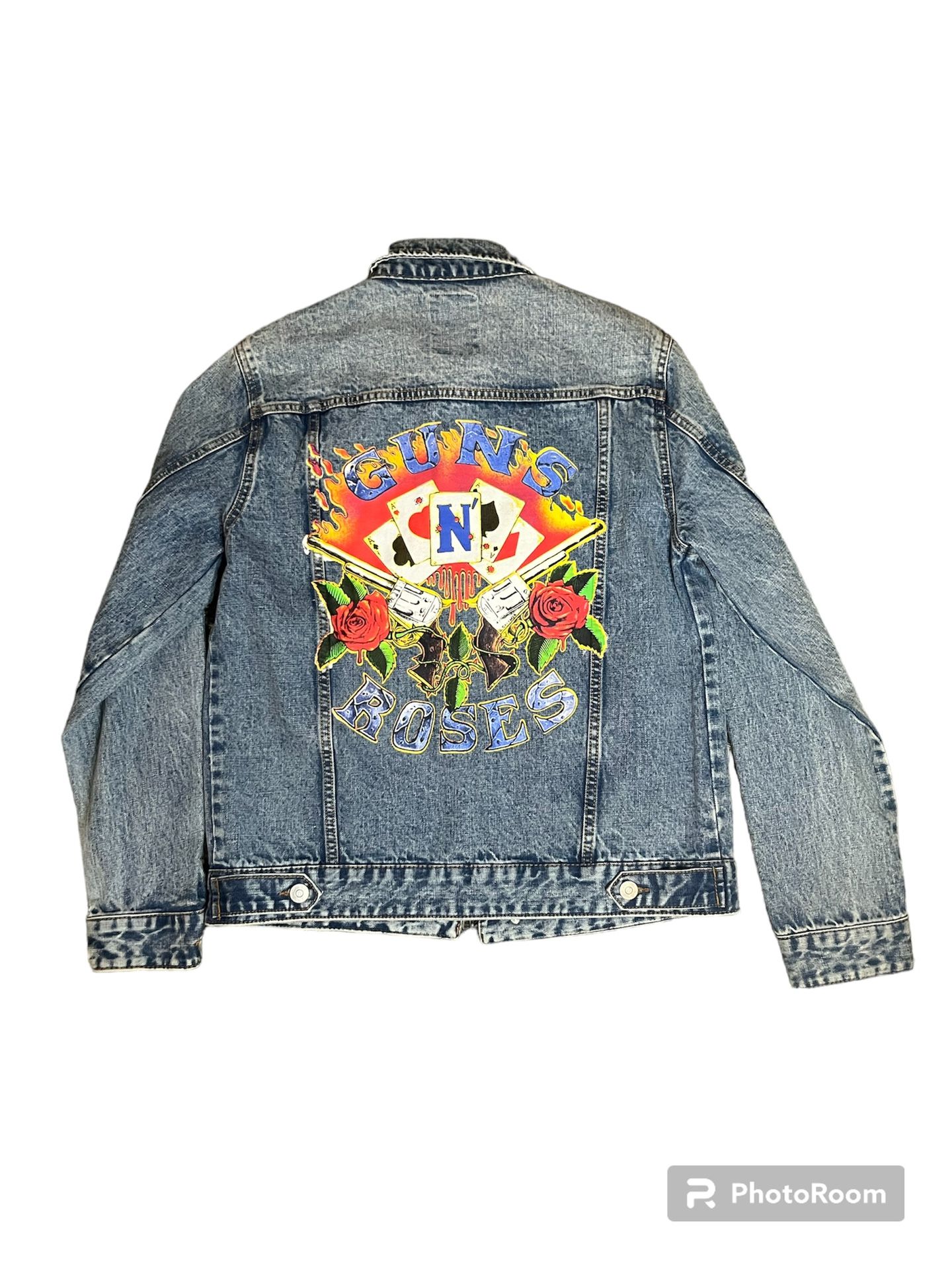 Guns N Roses Jacket Men's Small Blue Jean Denim Trucker Blackjack  Logo Bravado