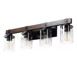 Farmhouse 27.2 in. 4-Light Walnut and Black Bathroom Vanity Light with Glass Shade