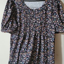 2X Multicolor Floral Pintuck Puff Sleeve Women's Top 