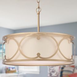 Durent Gold Drum Chandelier, 3-Light 17.5 Inch Pendant with White Fabric Shade