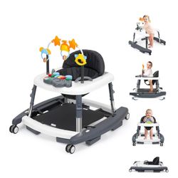 5-in-1 Music and Lights Foldable Baby Walker, Baby Walker with Wheels Portable with 5 Adjustable Heights, Infant Toddler Walker for Baby