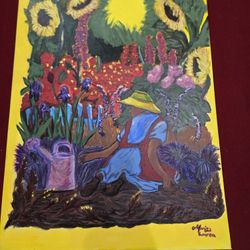 19.5 x 28 Sunflower garden&Gardener Painting-Art