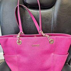 Calvin Klein Beige Saffiano Leather Chain-Trimmed Tote Bag