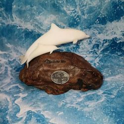 VTG John Perry Sculpture Two Dolphins on Burl Wood Mother and Baby Rare Find!!