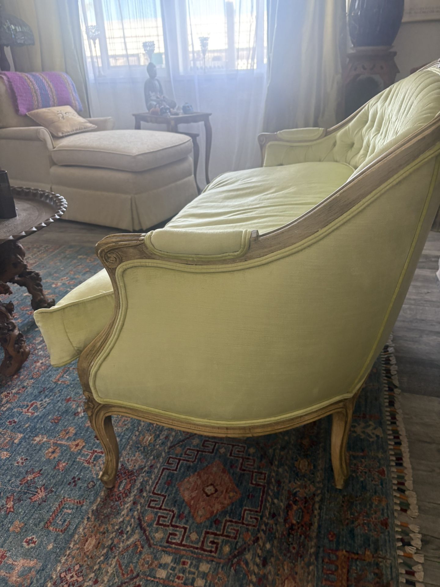 French provincial Tuffed Back Chartuse love Seat
