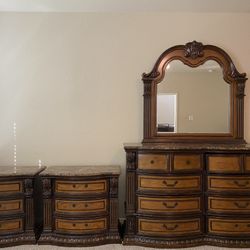 Marble Top Wood Dresser And Two Night stands