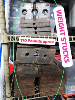 Heavy cast iron weight stack plates. This set includes approximately 170 pounds of rectangular weights. 

The plates are black and grey with visible s