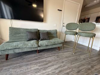 Modern Green Sofa Bed + 2 Matching Bar Stools – Excellent Condition