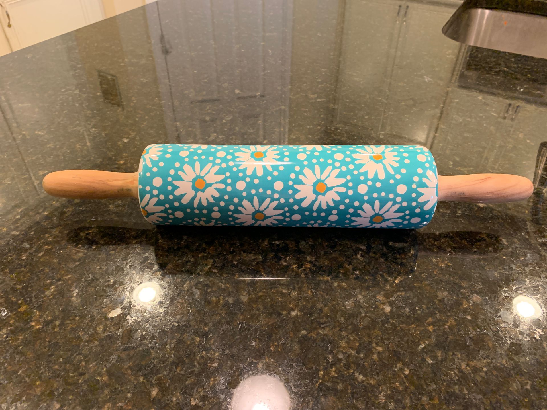 Pioneer Woman Ceramic Floral Decal Rolling Pin with wood handles. Measures 13 inches long.