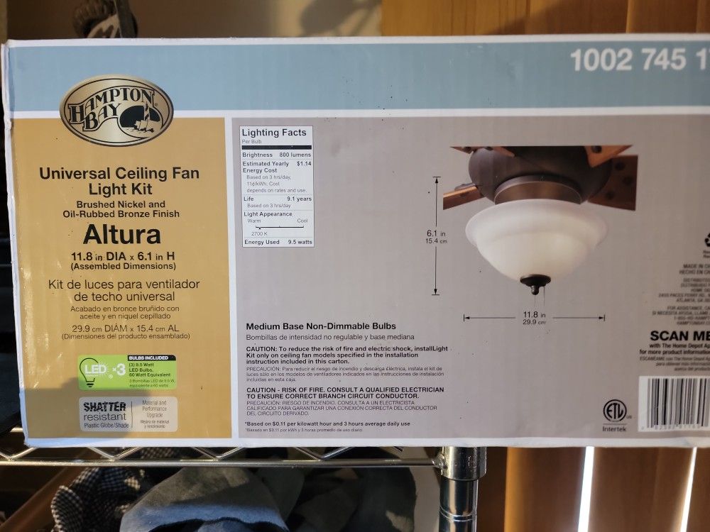 Hampton Bay Universal Ceiling Fan Light Kit Altura