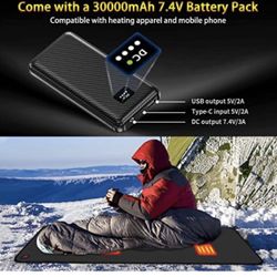 Heated Sleeping Bag 7 Heating Zones Multi USB Power Support with 7.4V 30000mAh Battery Pack XL Sleeping Bag with Portable Bag for Camping Hiking