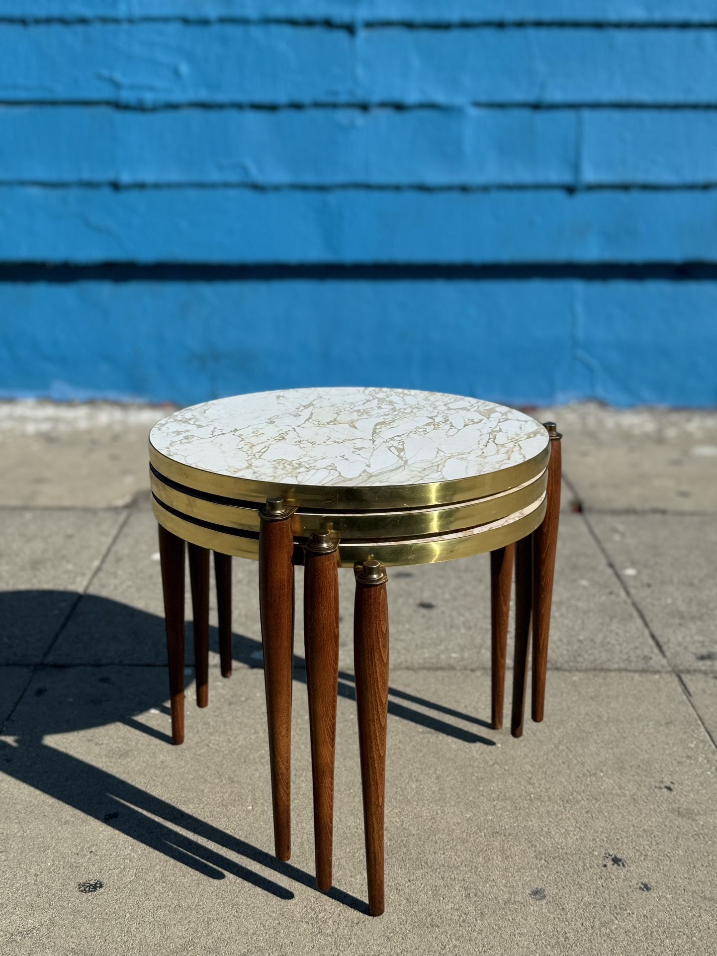 Vintage Set Of 3 Marble Formica & Walnut Nesting Tables
