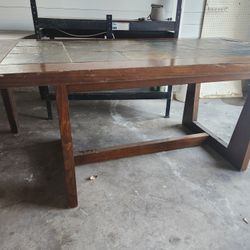 Solid Wood Table With Tile Decor