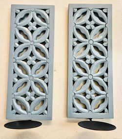 Vintage Style Light Blue Carved Wood Wall Candle Sconces - Set of 2 (13" x 5")