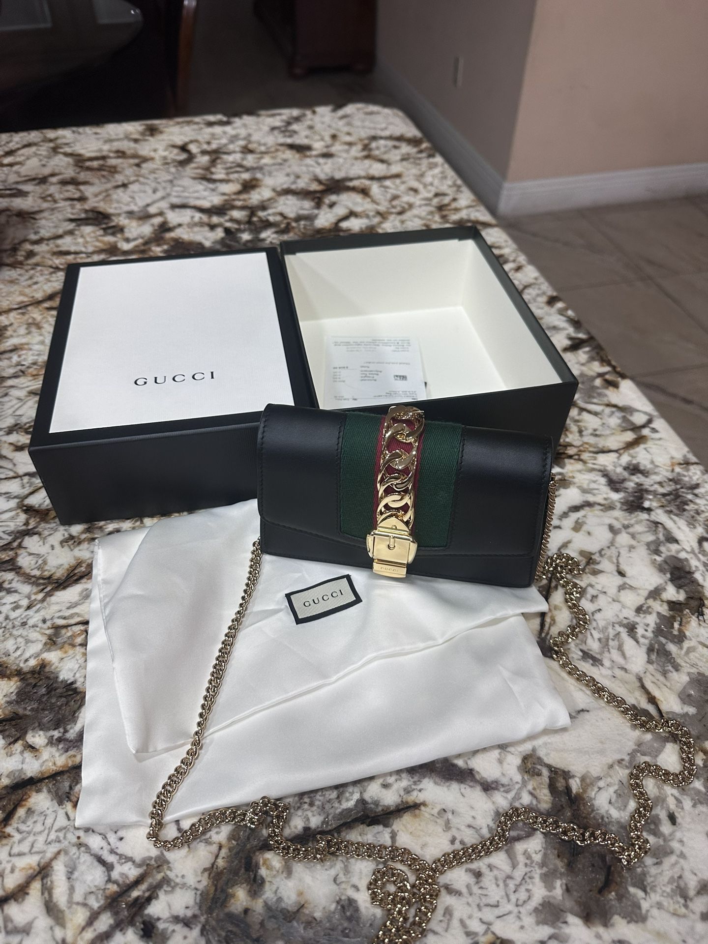 GUCCI  Calfskin Mini Sylvie Chain Shoulder Bag Black