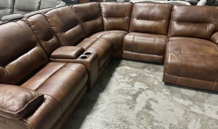 6PC Top Grain Leather Power Sectional with Chaise