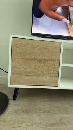 White TV Stand with Wood Panel Door