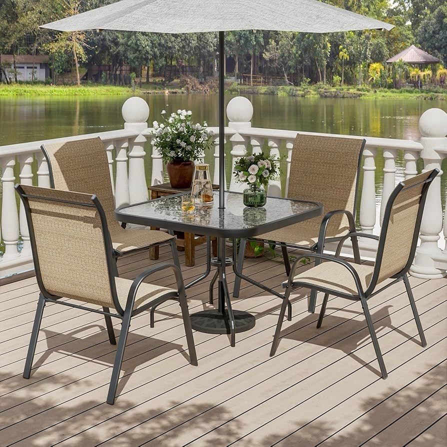 Patio Dining Set for 5, Outdoor Table and Chairs Set with Textured Glass Table, 4 Stackable Patio Chairs, Outdoor Furniture Set for Deck Garden Backy