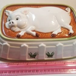 Vintage ceramic rectangle shaped Pig mold with raised pig design, Vintage ceramic wall hanging pig mold

